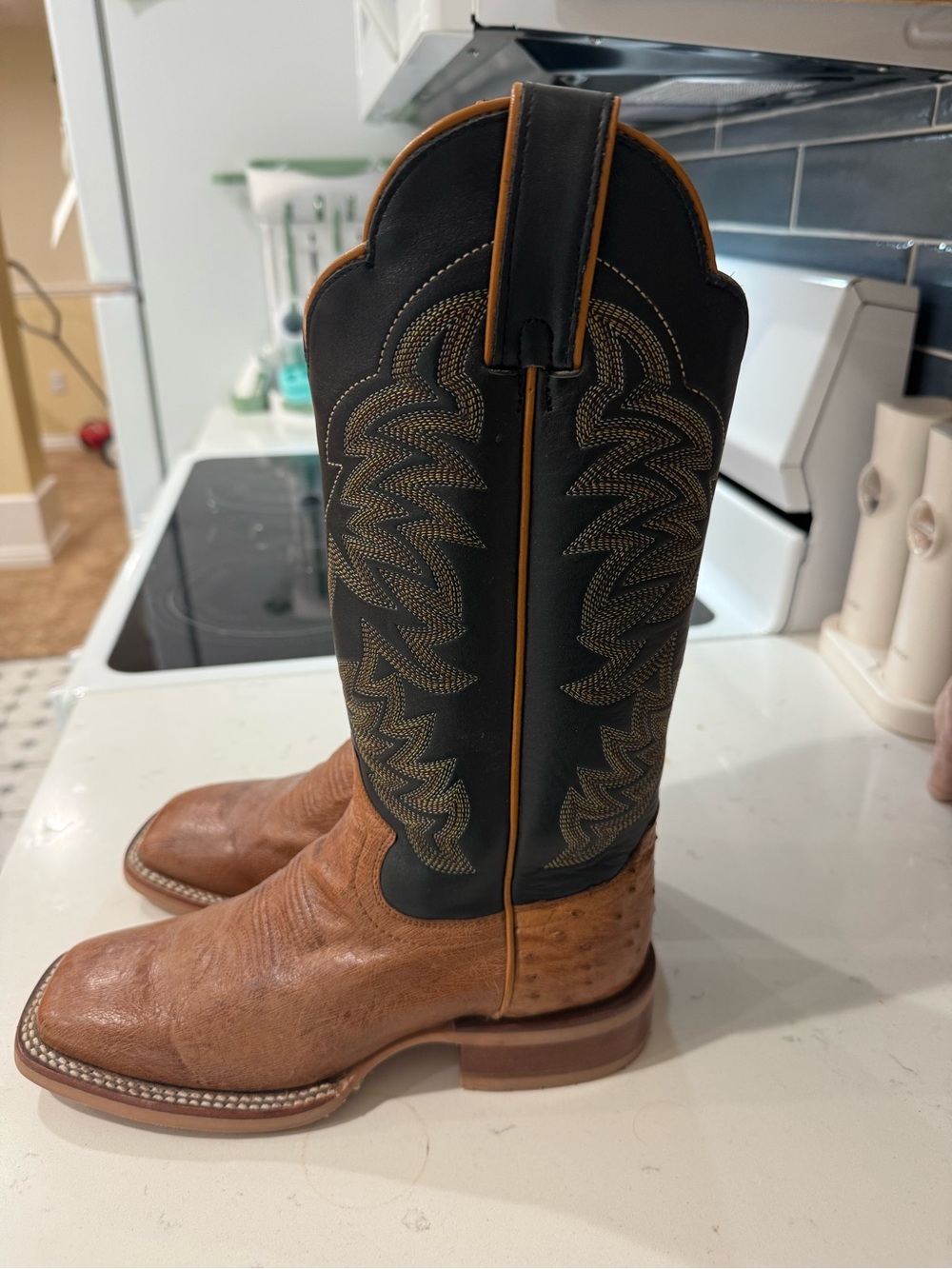 Justin Boots Two-Tone Brown & Black Western Cowboy Boots With Ostrich